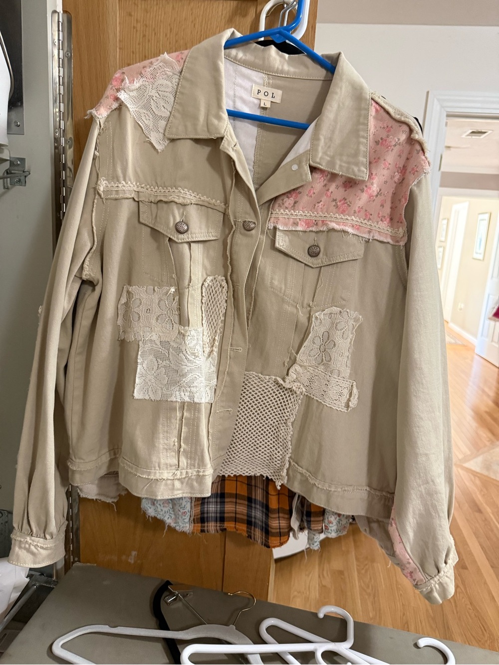 POL Beige Patchwork Jean Jacket with Pink Floral Accents